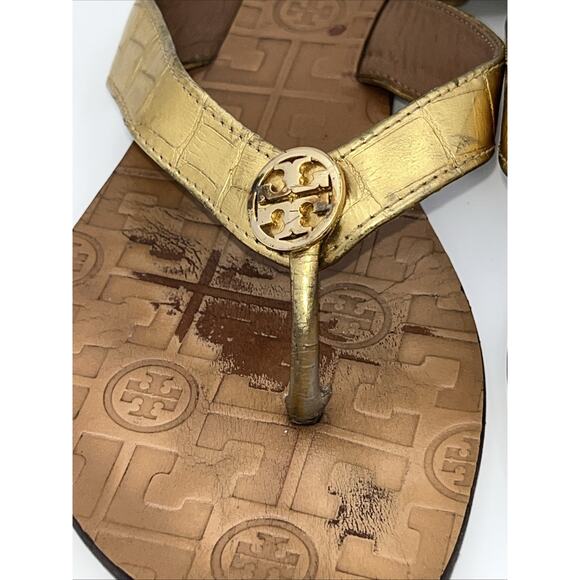 Tory Burch Thora Flip Flop Sandals Gold Leather with Gold Logo Women Size 8 - Picture 3 of 8